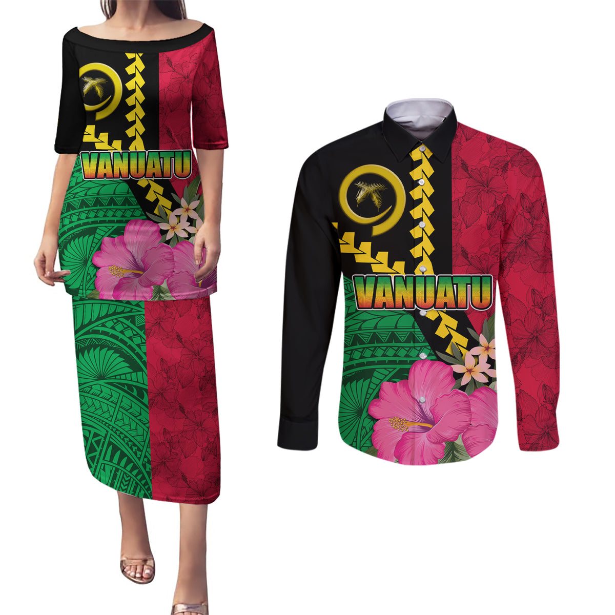 Vanuatu Flag Hibiscus Polynesian Pattern Couples Matching Puletasi and Long Sleeve Button Shirt LT03 Black - Polynesian Pride