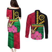Vanuatu Flag Hibiscus Polynesian Pattern Couples Matching Puletasi and Long Sleeve Button Shirt LT03 - Polynesian Pride