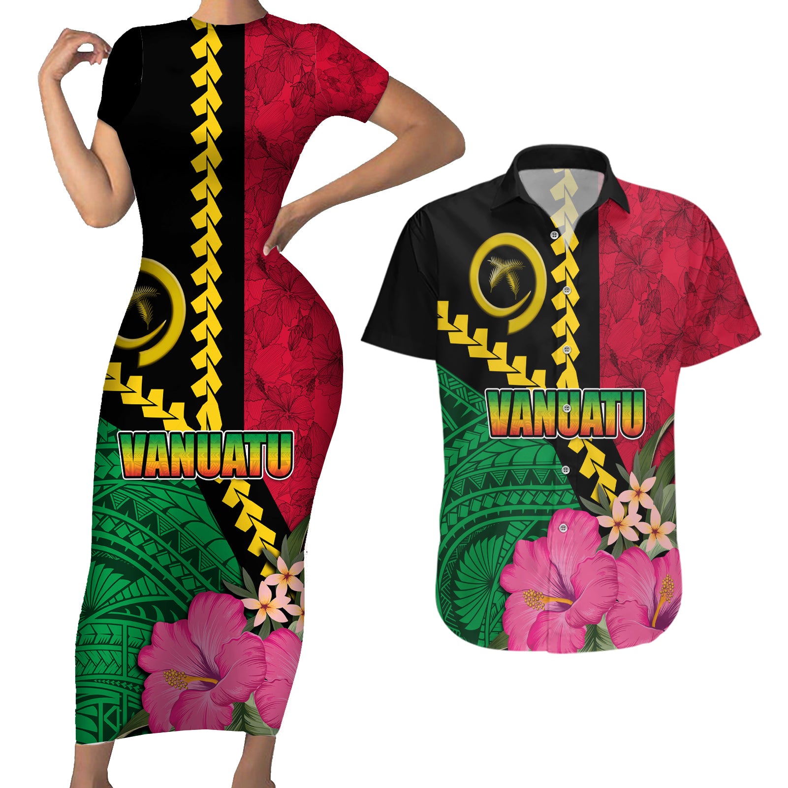 Vanuatu Flag Hibiscus Polynesian Pattern Couples Matching Short Sleeve Bodycon Dress and Hawaiian Shirt