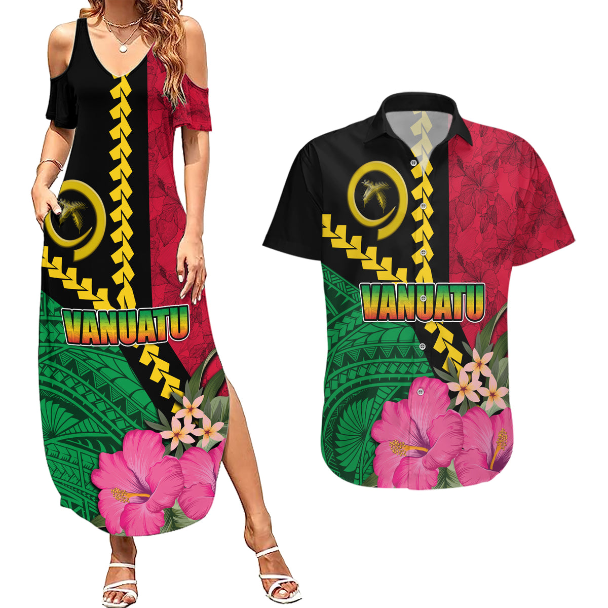 Vanuatu Flag Hibiscus Polynesian Pattern Couples Matching Summer Maxi Dress and Hawaiian Shirt
