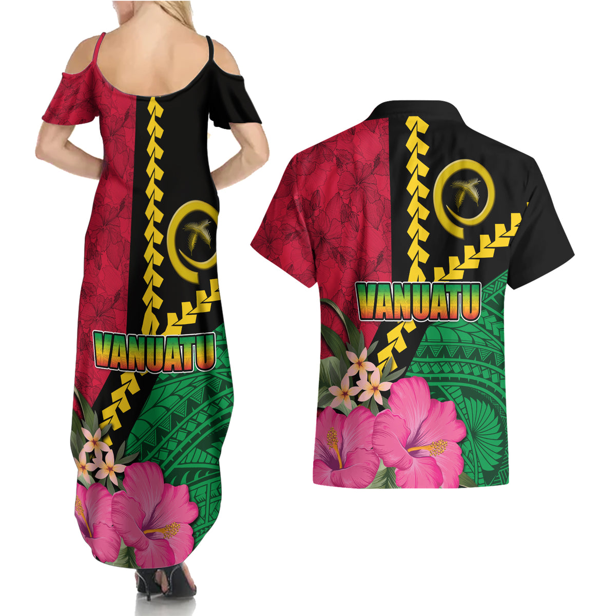 Vanuatu Flag Hibiscus Polynesian Pattern Couples Matching Summer Maxi Dress and Hawaiian Shirt