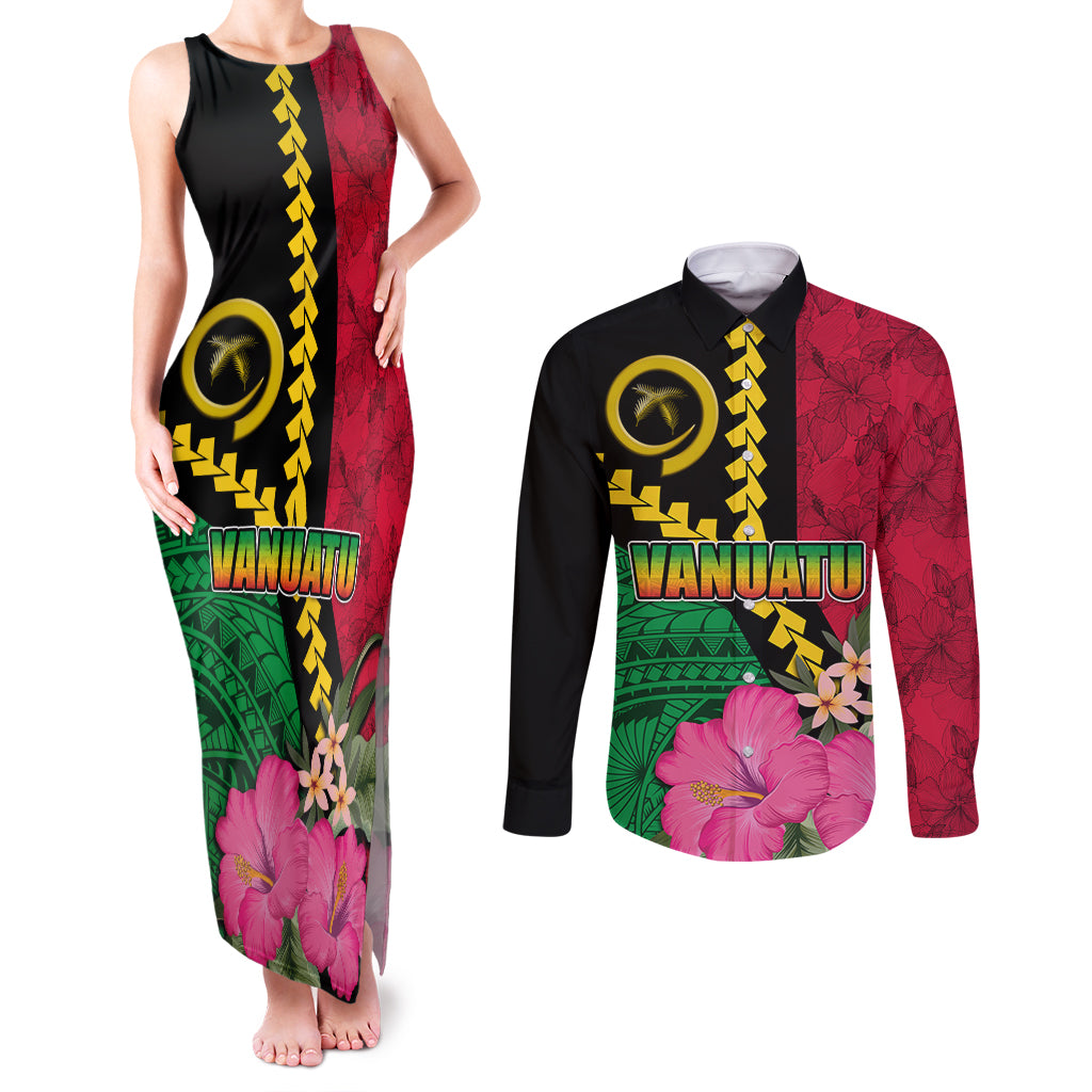 Vanuatu Flag Hibiscus Polynesian Pattern Couples Matching Tank Maxi Dress and Long Sleeve Button Shirt LT03 Black - Polynesian Pride