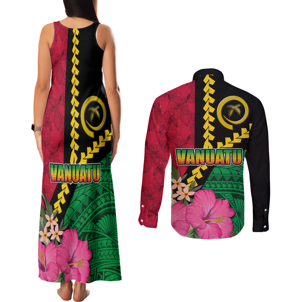 Vanuatu Flag Hibiscus Polynesian Pattern Couples Matching Tank Maxi Dress and Long Sleeve Button Shirt LT03 - Polynesian Pride