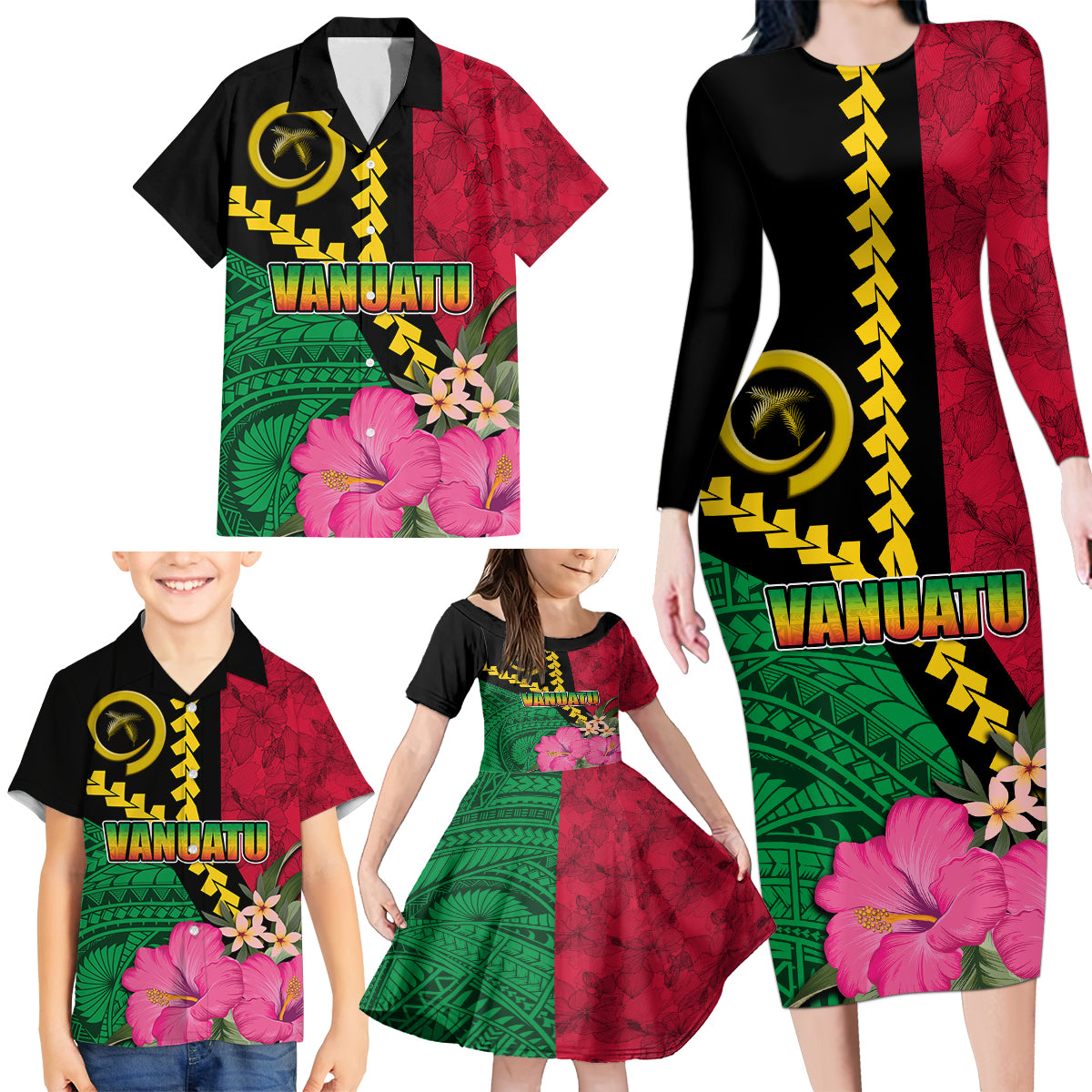 Vanuatu Flag Hibiscus Polynesian Pattern Family Matching Long Sleeve Bodycon Dress and Hawaiian Shirt