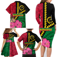 Vanuatu Flag Hibiscus Polynesian Pattern Family Matching Long Sleeve Bodycon Dress and Hawaiian Shirt
