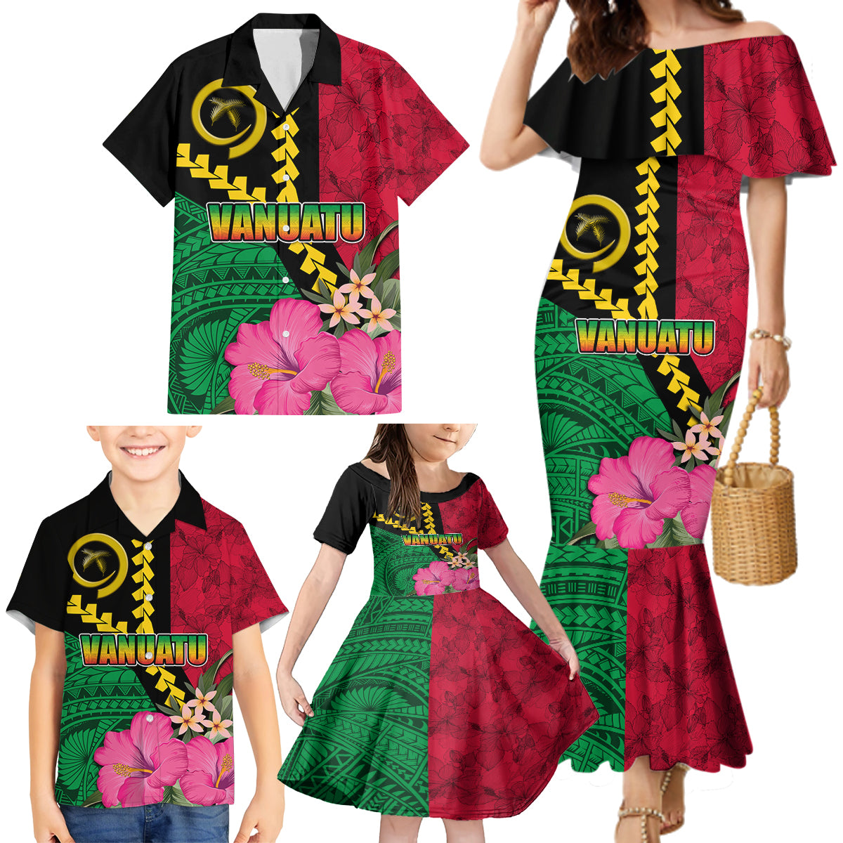 Vanuatu Flag Hibiscus Polynesian Pattern Family Matching Mermaid Dress and Hawaiian Shirt