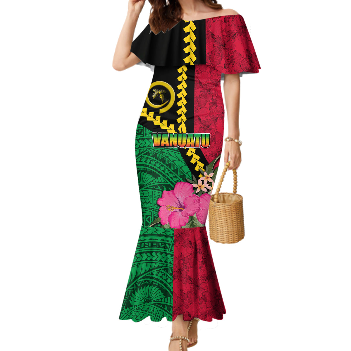 Vanuatu Flag Hibiscus Polynesian Pattern Family Matching Mermaid Dress and Hawaiian Shirt