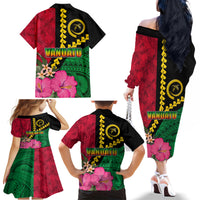 Vanuatu Flag Hibiscus Polynesian Pattern Family Matching Off The Shoulder Long Sleeve Dress and Hawaiian Shirt