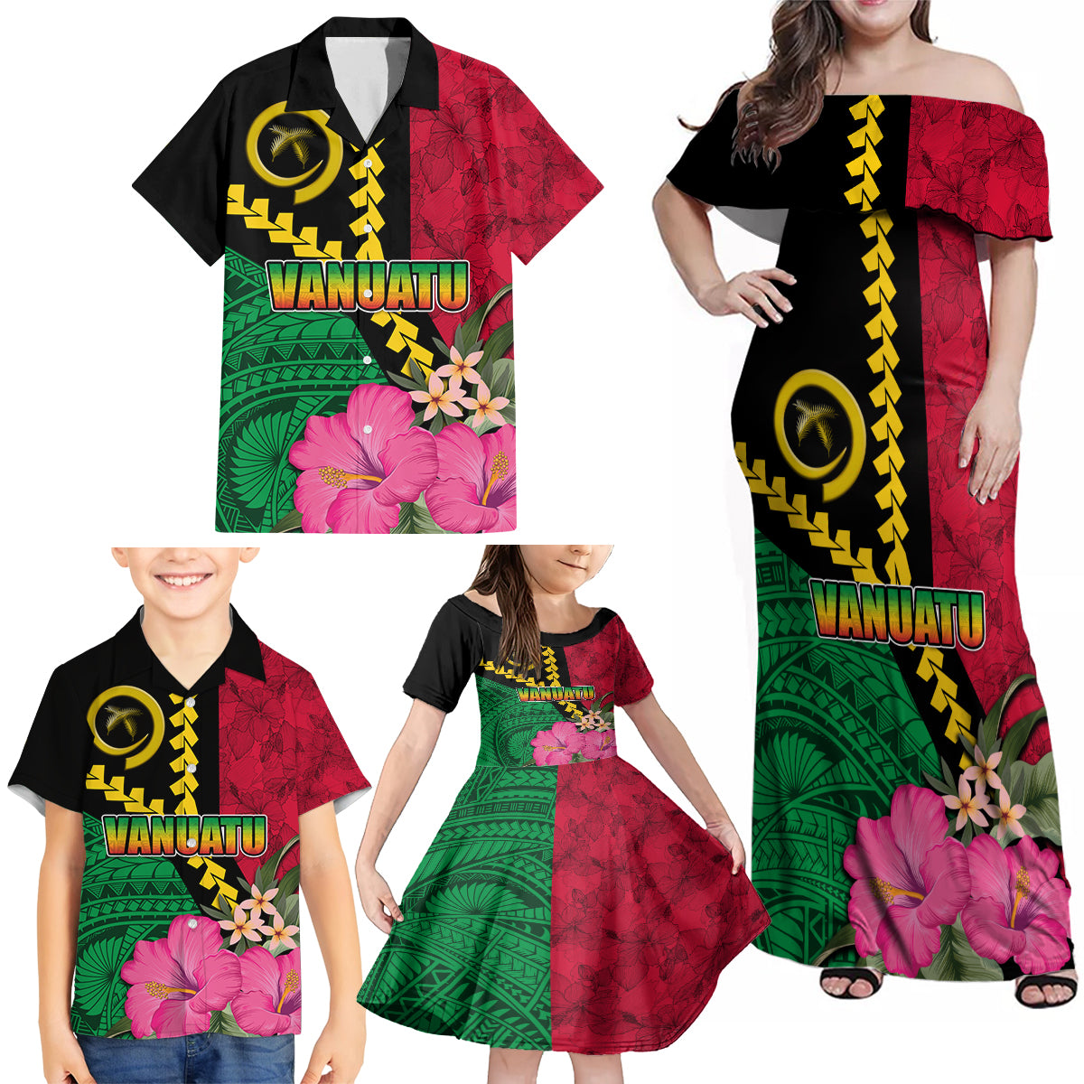 Vanuatu Flag Hibiscus Polynesian Pattern Family Matching Off Shoulder Maxi Dress and Hawaiian Shirt