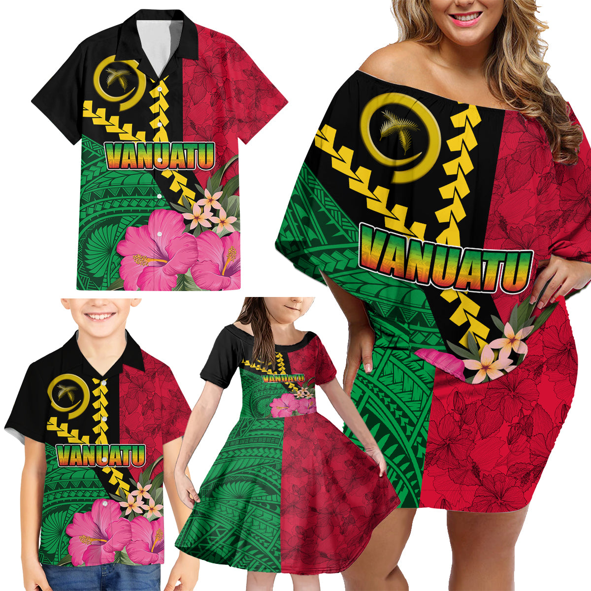 Vanuatu Flag Hibiscus Polynesian Pattern Family Matching Off Shoulder Short Dress and Hawaiian Shirt