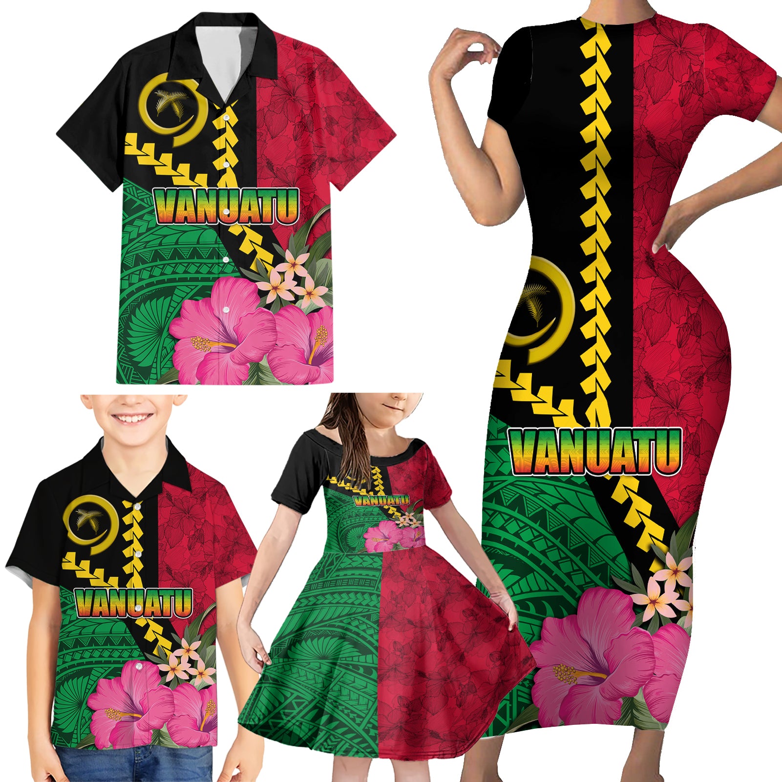 Vanuatu Flag Hibiscus Polynesian Pattern Family Matching Short Sleeve Bodycon Dress and Hawaiian Shirt