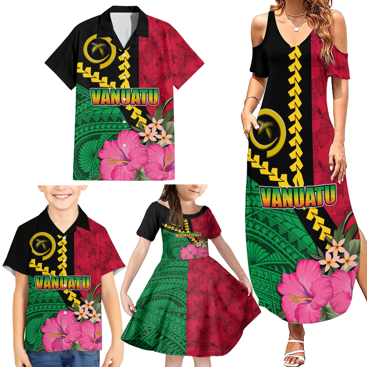 Vanuatu Flag Hibiscus Polynesian Pattern Family Matching Summer Maxi Dress and Hawaiian Shirt