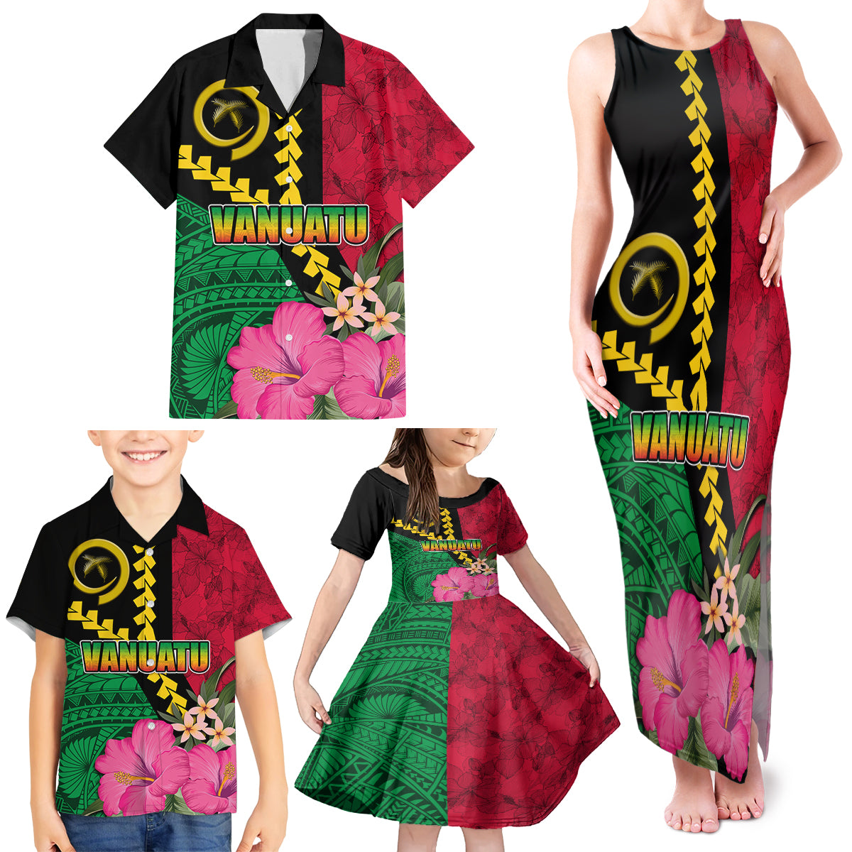 Vanuatu Flag Hibiscus Polynesian Pattern Family Matching Tank Maxi Dress and Hawaiian Shirt