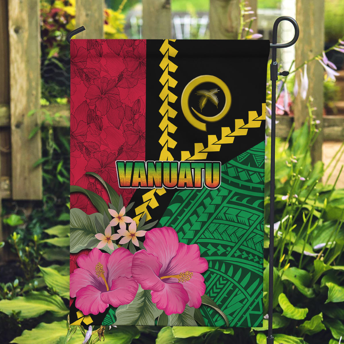 Vanuatu Flag Hibiscus Polynesian Pattern Garden Flag LT03 Garden Flag Black - Polynesian Pride