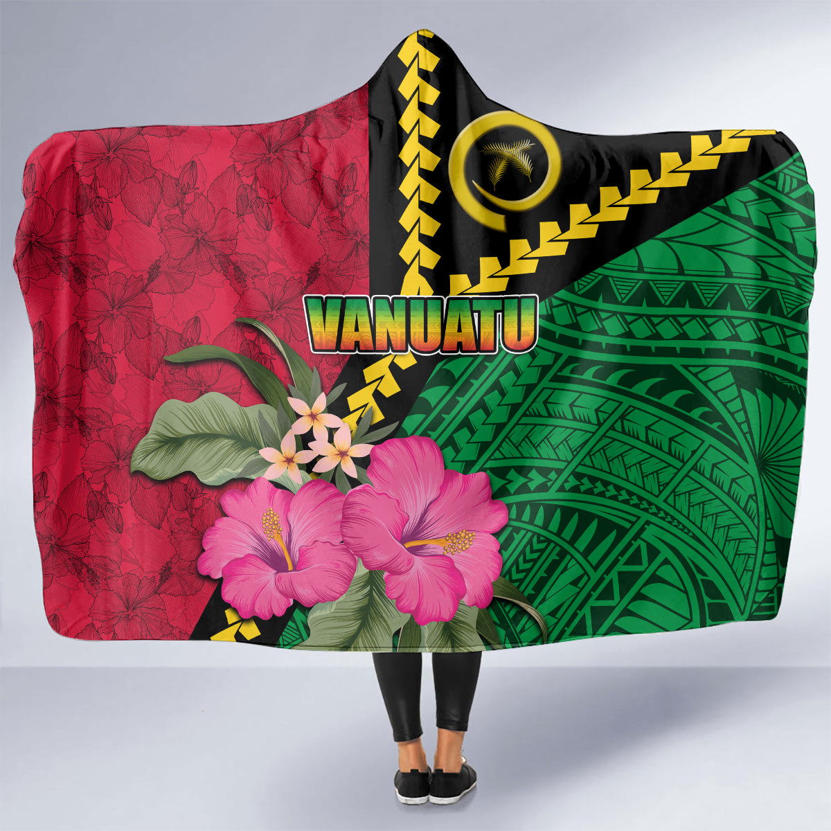 Vanuatu Flag Hibiscus Polynesian Pattern Hooded Blanket LT03 - Polynesian Pride