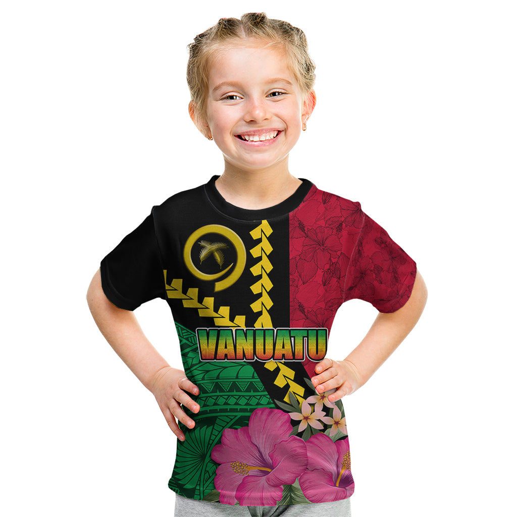 Vanuatu Flag Hibiscus Polynesian Pattern Kid T Shirt