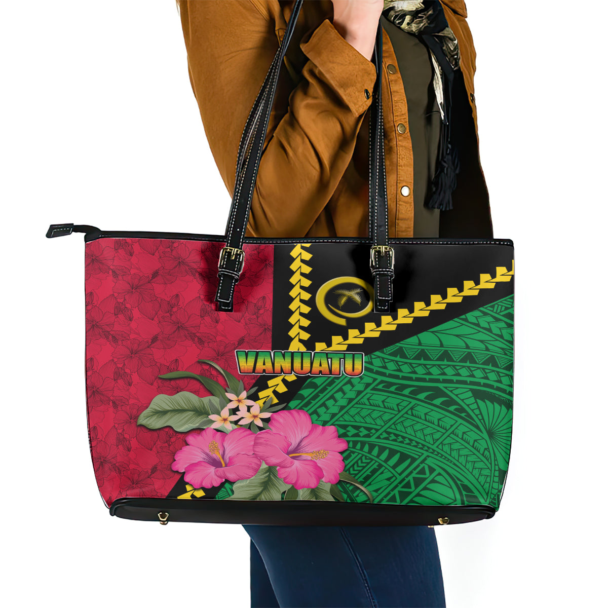 Vanuatu Flag Hibiscus Polynesian Pattern Leather Tote Bag