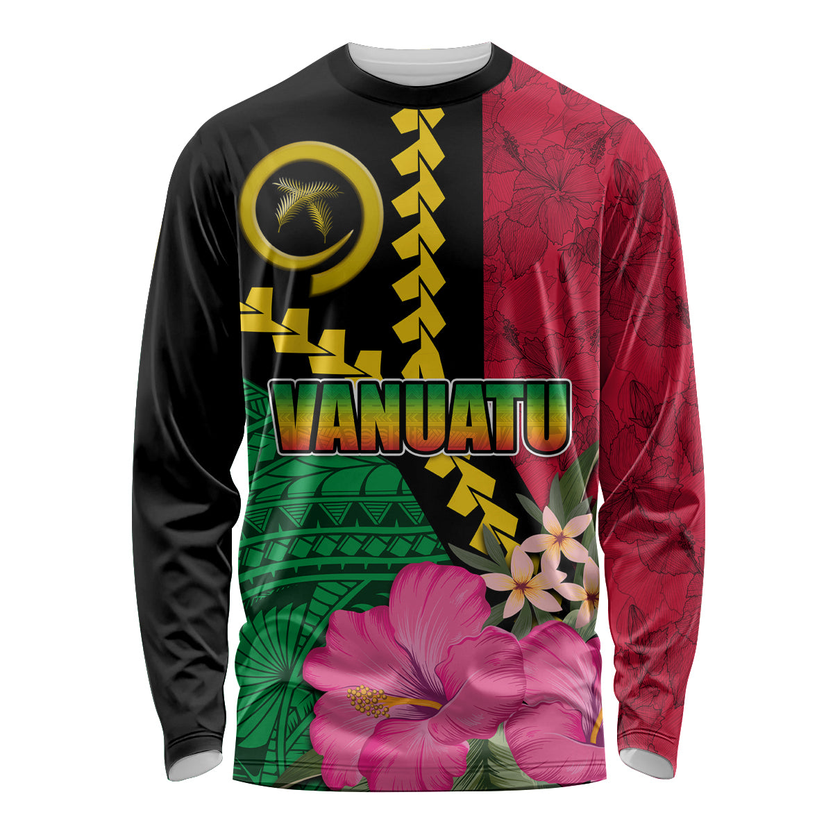 Vanuatu Flag Hibiscus Polynesian Pattern Long Sleeve Shirt