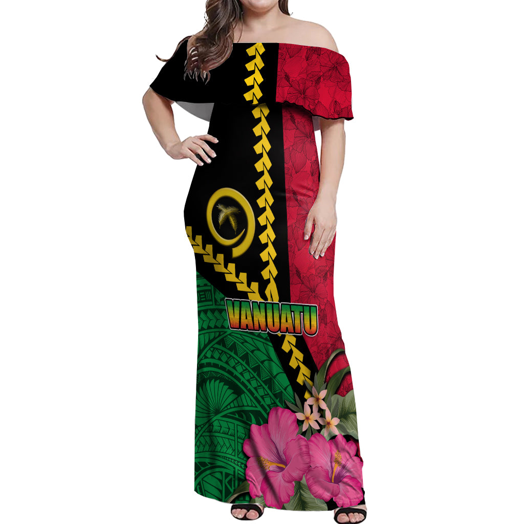 Vanuatu Flag Hibiscus Polynesian Pattern Off Shoulder Maxi Dress LT03 Women Black - Polynesian Pride