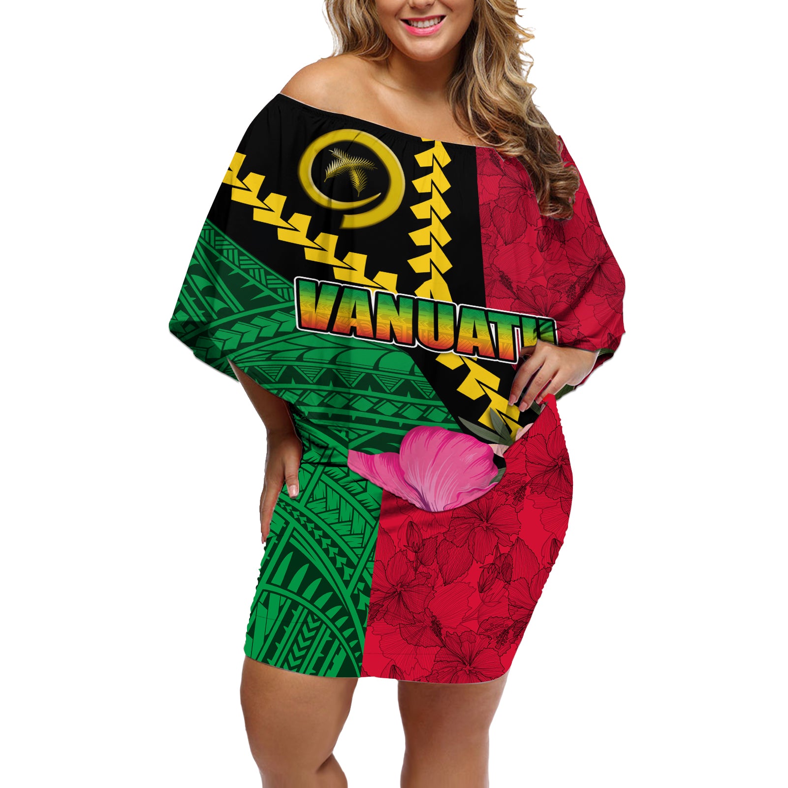 Vanuatu Flag Hibiscus Polynesian Pattern Off Shoulder Short Dress