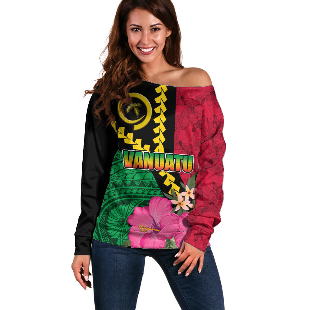 Vanuatu Flag Hibiscus Polynesian Pattern Off Shoulder Sweater