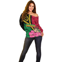 Vanuatu Flag Hibiscus Polynesian Pattern Off Shoulder Sweater