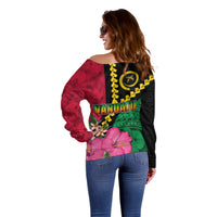 Vanuatu Flag Hibiscus Polynesian Pattern Off Shoulder Sweater