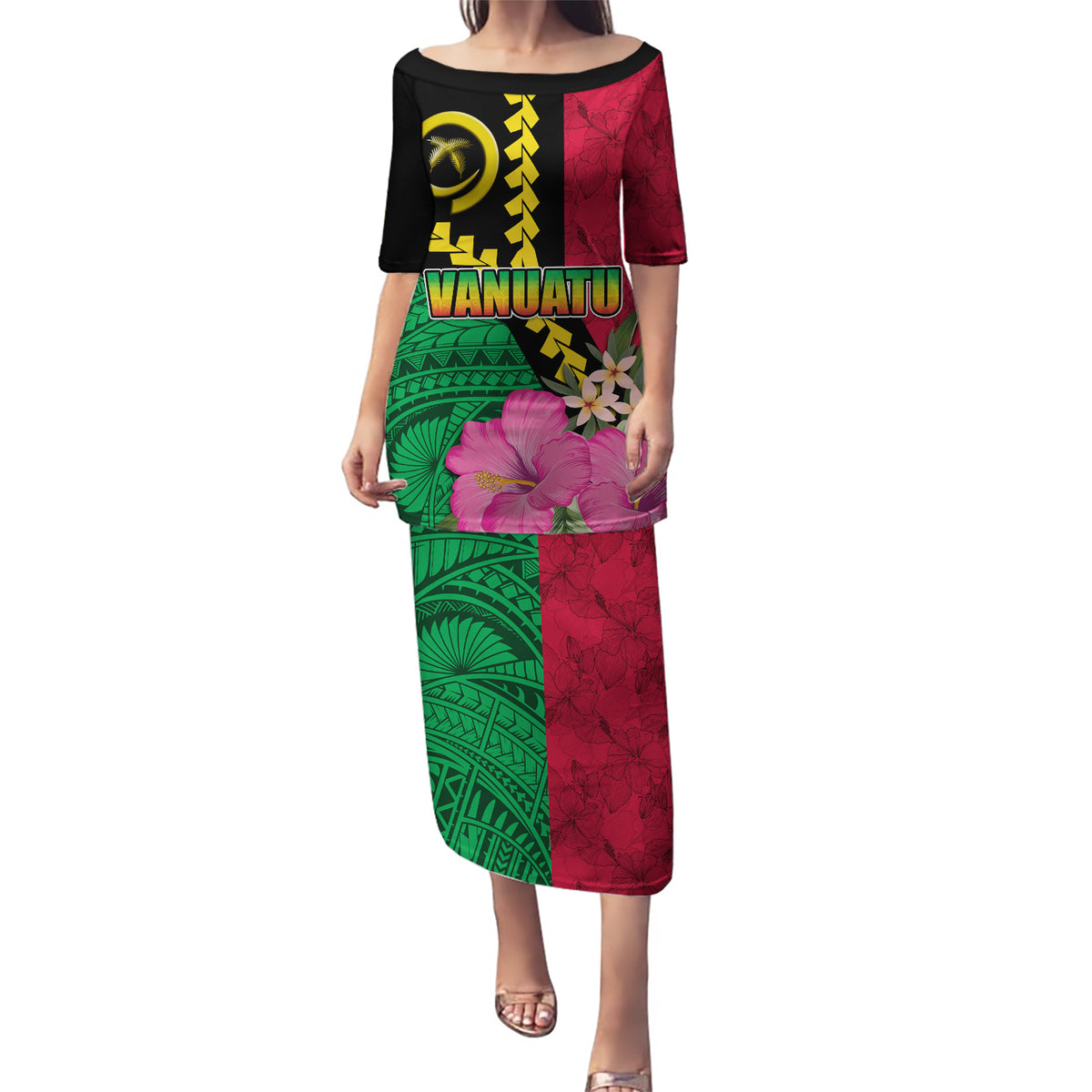 Vanuatu Flag Hibiscus Polynesian Pattern Puletasi LT03 Long Dress Black - Polynesian Pride