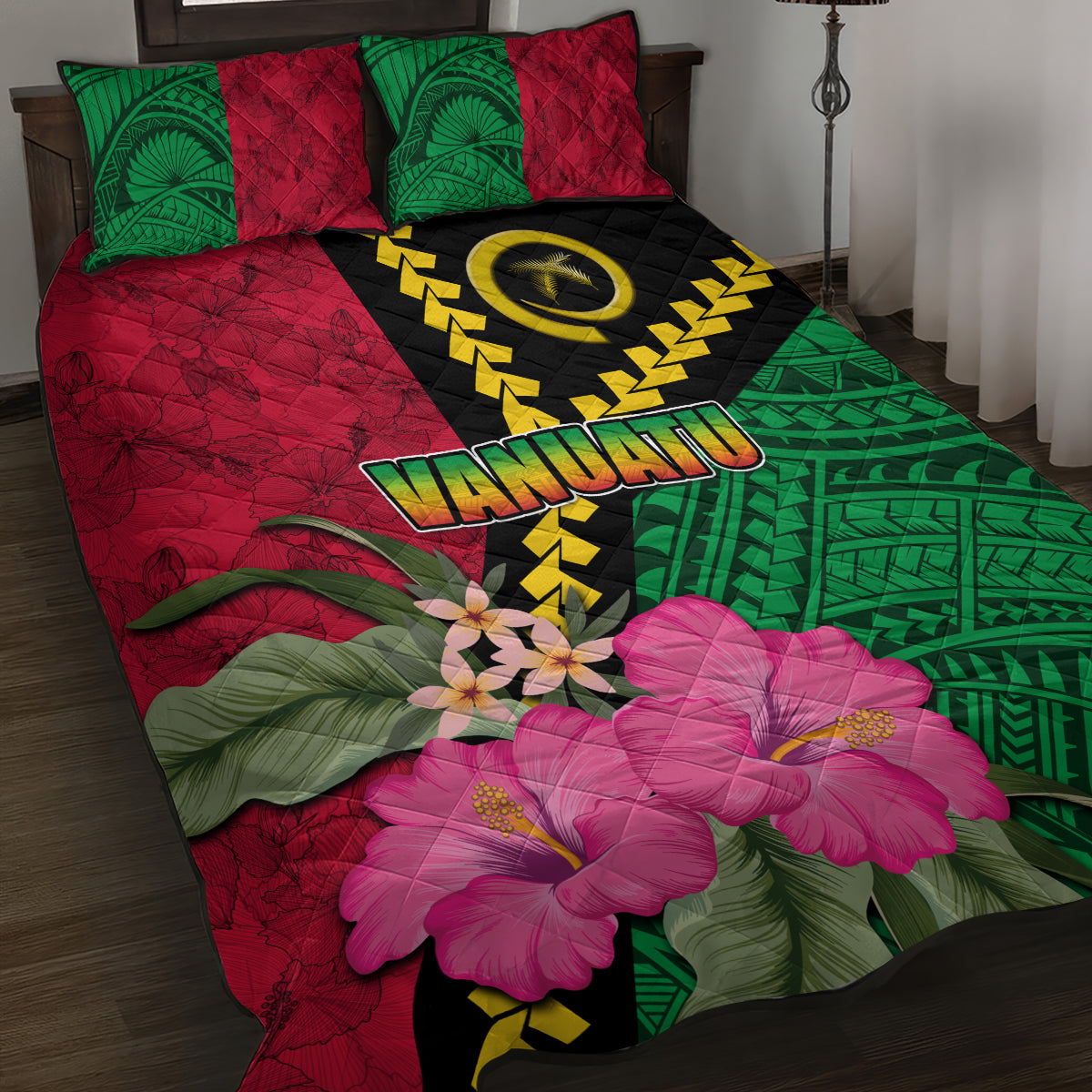 Vanuatu Flag Hibiscus Polynesian Pattern Quilt Bed Set LT03 Black - Polynesian Pride