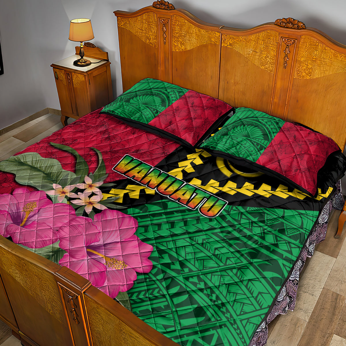 Vanuatu Flag Hibiscus Polynesian Pattern Quilt Bed Set LT03 - Polynesian Pride