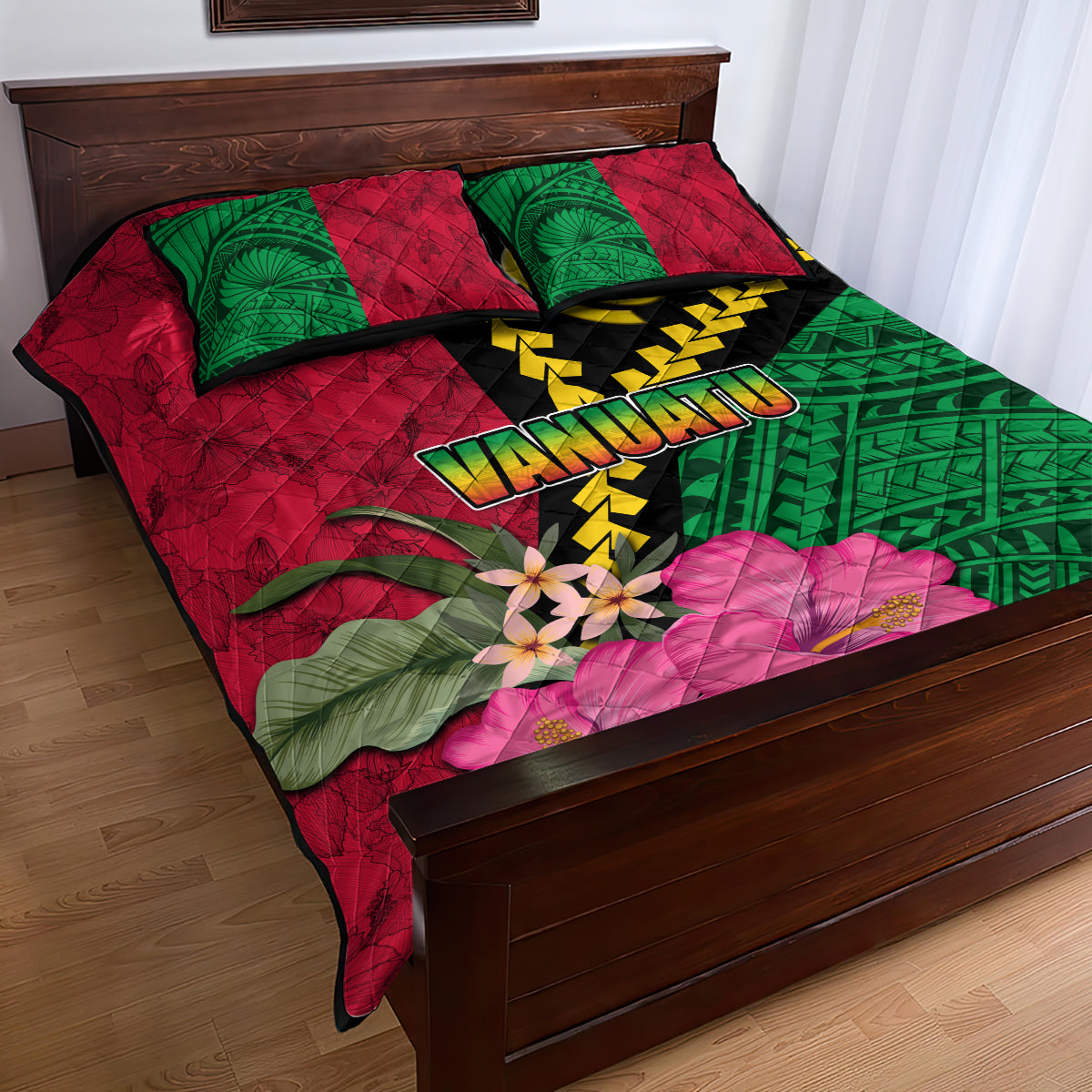 Vanuatu Flag Hibiscus Polynesian Pattern Quilt Bed Set LT03 - Polynesian Pride