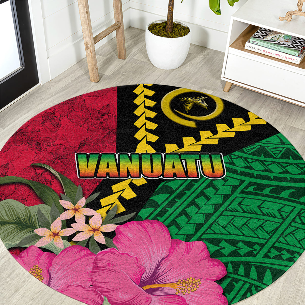 Vanuatu Flag Hibiscus Polynesian Pattern Round Carpet