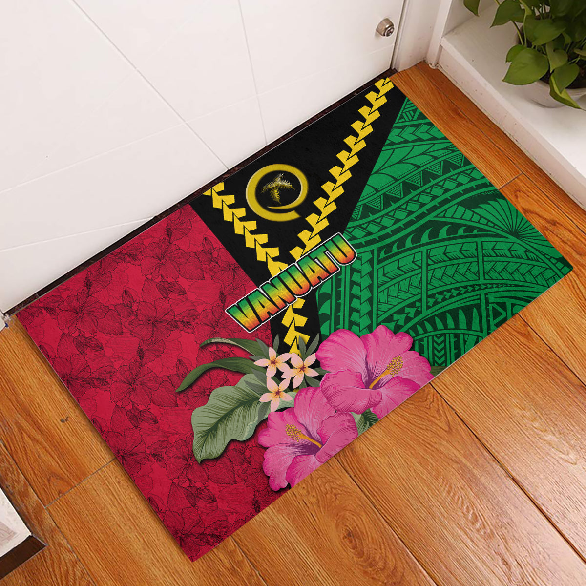 Vanuatu Flag Hibiscus Polynesian Pattern Rubber Doormat LT03 Black - Polynesian Pride