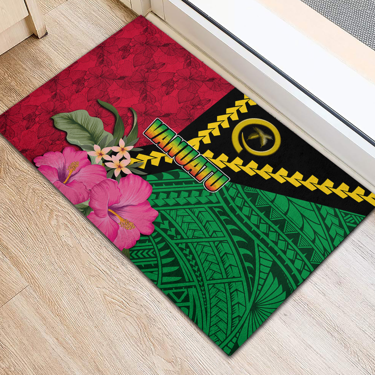 Vanuatu Flag Hibiscus Polynesian Pattern Rubber Doormat LT03 - Polynesian Pride