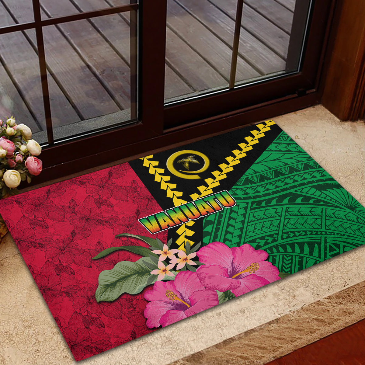 Vanuatu Flag Hibiscus Polynesian Pattern Rubber Doormat LT03 - Polynesian Pride