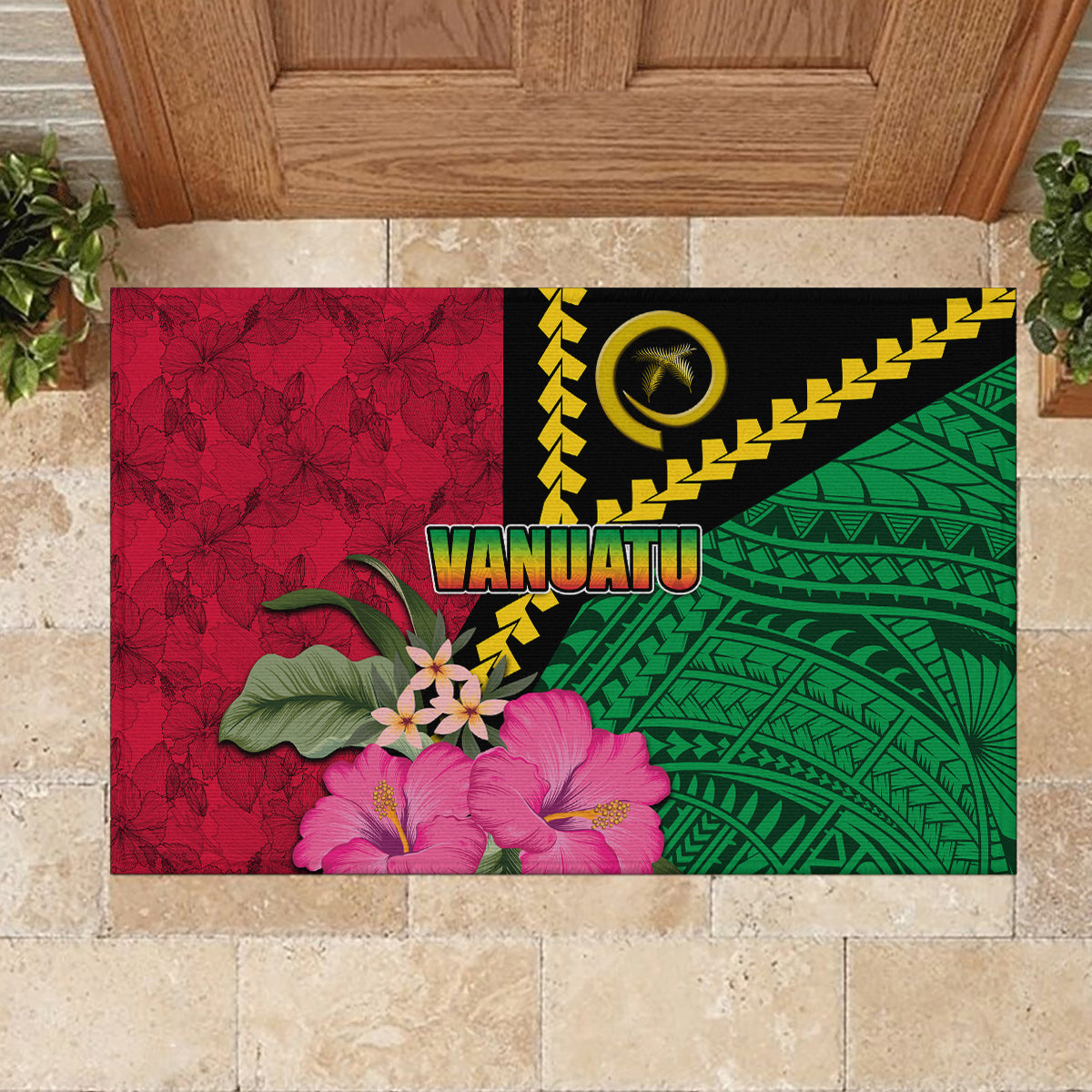 Vanuatu Flag Hibiscus Polynesian Pattern Rubber Doormat LT03 - Polynesian Pride