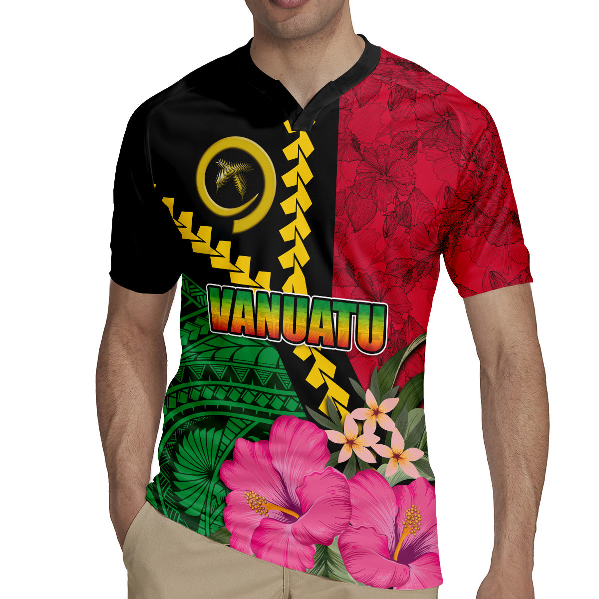Vanuatu Flag Hibiscus Polynesian Pattern Rugby Jersey LT03 - Polynesian Pride