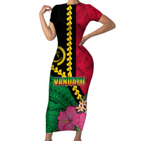 Vanuatu Flag Hibiscus Polynesian Pattern Short Sleeve Bodycon Dress