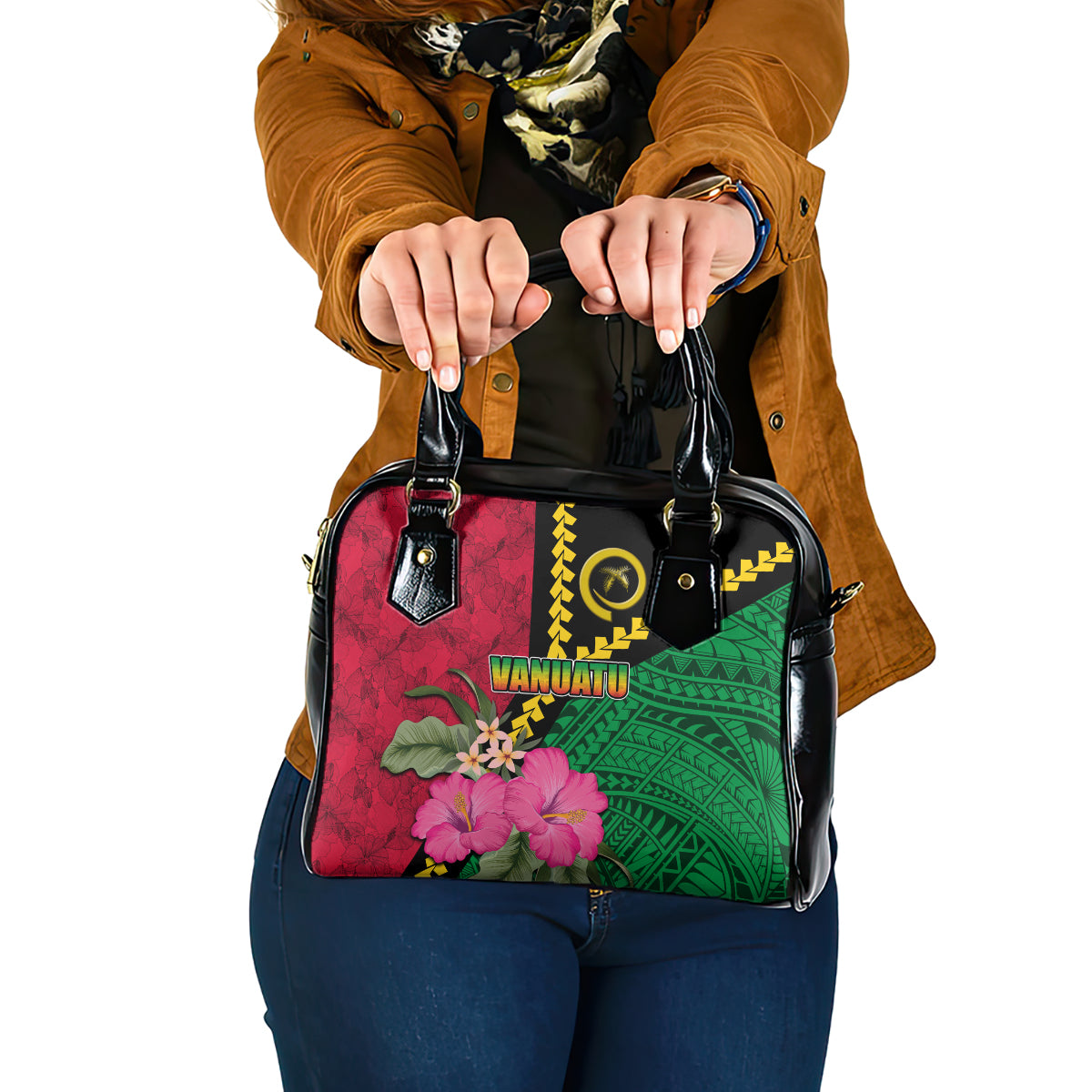 Vanuatu Flag Hibiscus Polynesian Pattern Shoulder Handbag