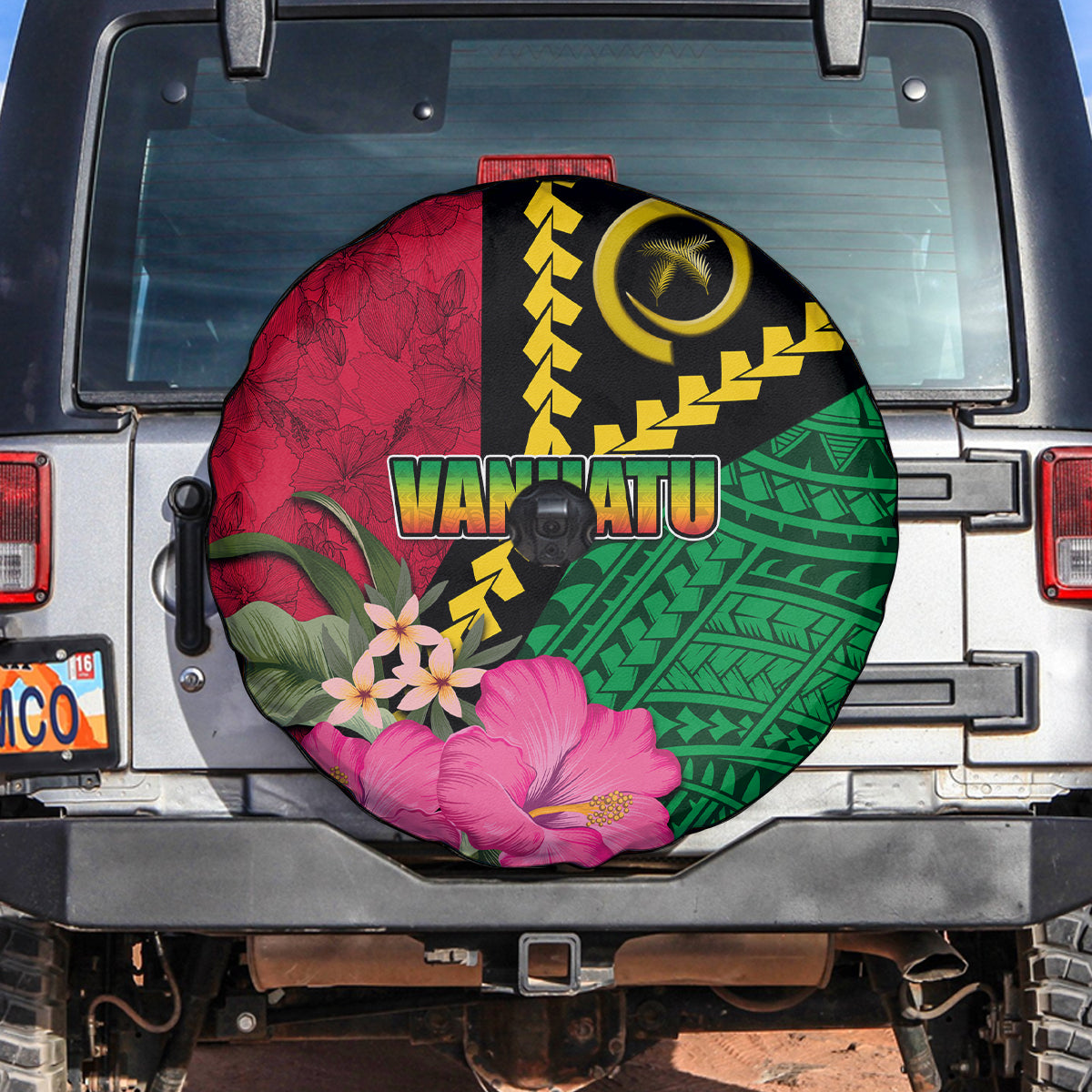 Vanuatu Flag Hibiscus Polynesian Pattern Spare Tire Cover LT03 Black - Polynesian Pride