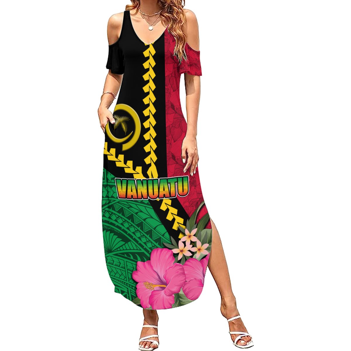 Vanuatu Flag Hibiscus Polynesian Pattern Summer Maxi Dress LT03 Women Black - Polynesian Pride