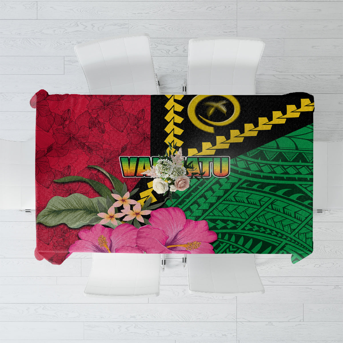Vanuatu Flag Hibiscus Polynesian Pattern Tablecloth LT03 Black - Polynesian Pride