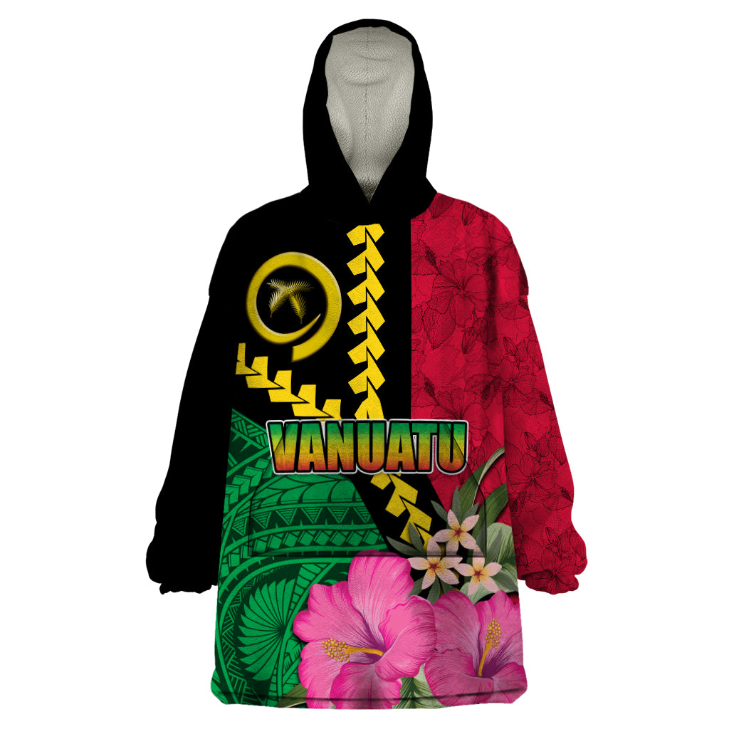 Vanuatu Flag Hibiscus Polynesian Pattern Wearable Blanket Hoodie