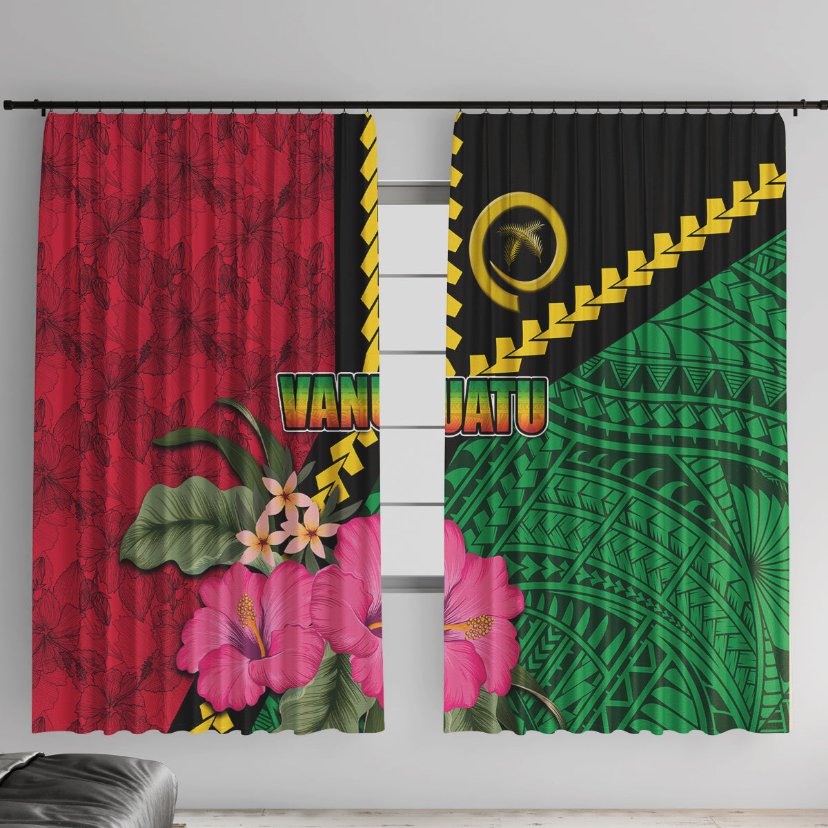 Vanuatu Flag Hibiscus Polynesian Pattern Window Curtain LT03 With Hooks Black - Polynesian Pride