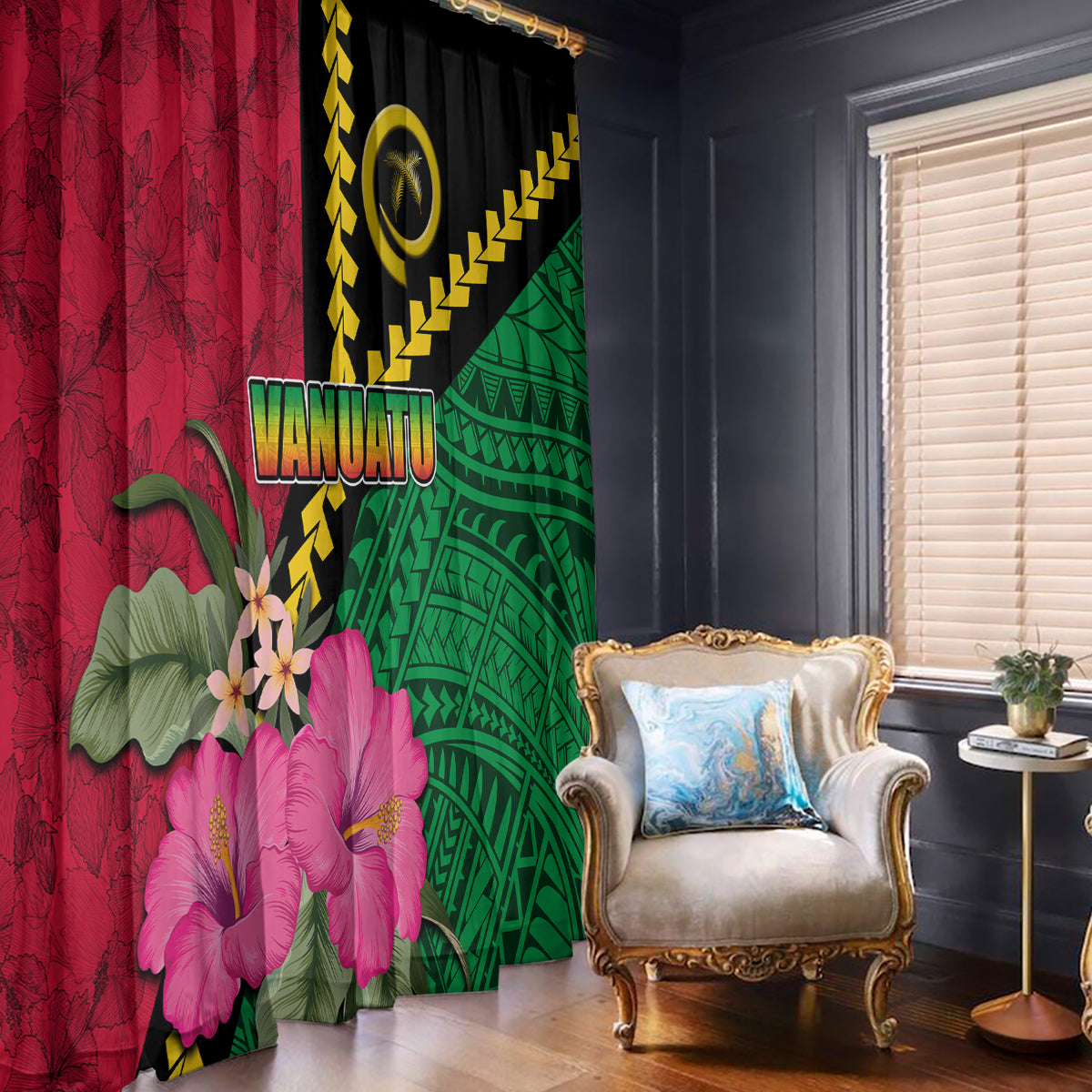 Vanuatu Flag Hibiscus Polynesian Pattern Window Curtain LT03 - Polynesian Pride