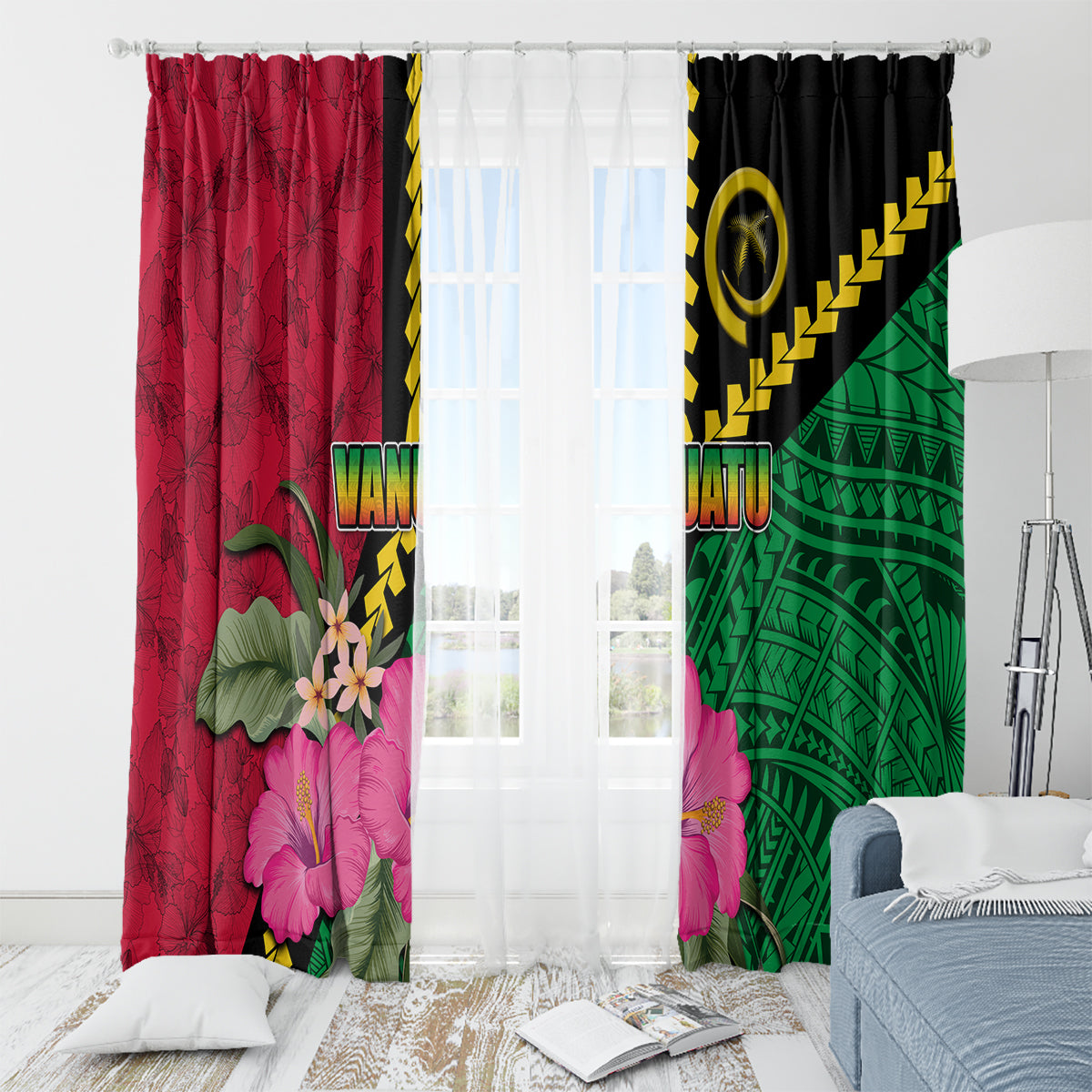 Vanuatu Flag Hibiscus Polynesian Pattern Window Curtain LT03 - Polynesian Pride