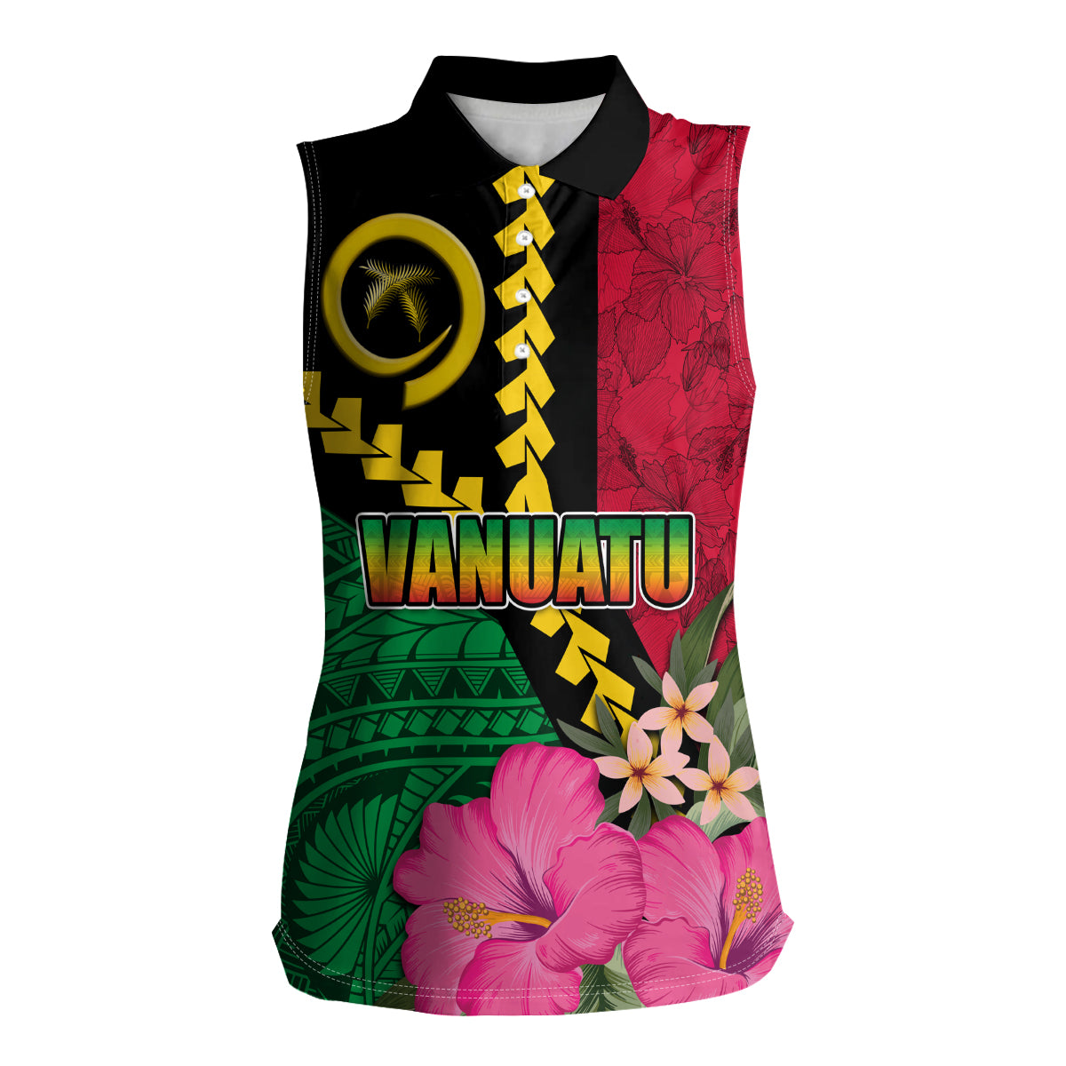 Vanuatu Flag Hibiscus Polynesian Pattern Women Sleeveless Polo Shirt