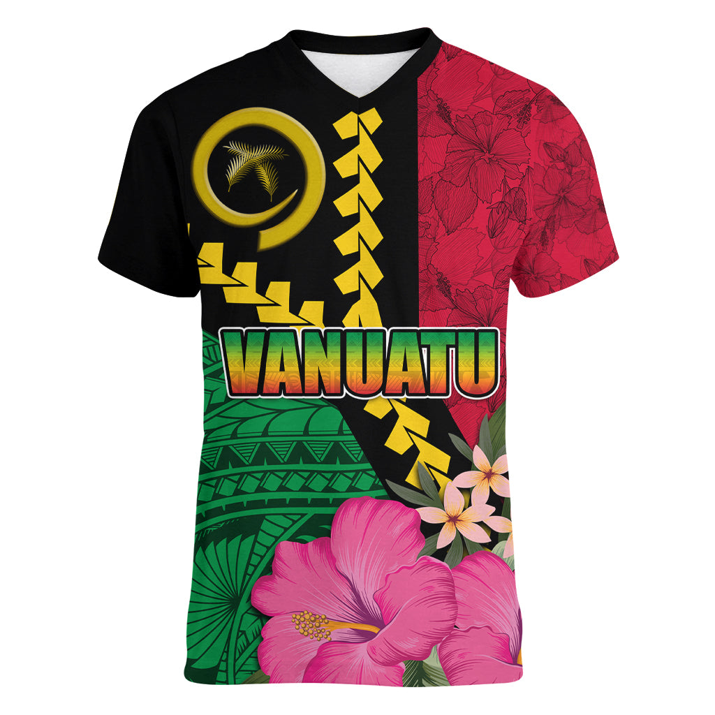 Vanuatu Flag Hibiscus Polynesian Pattern Women V-Neck T-Shirt