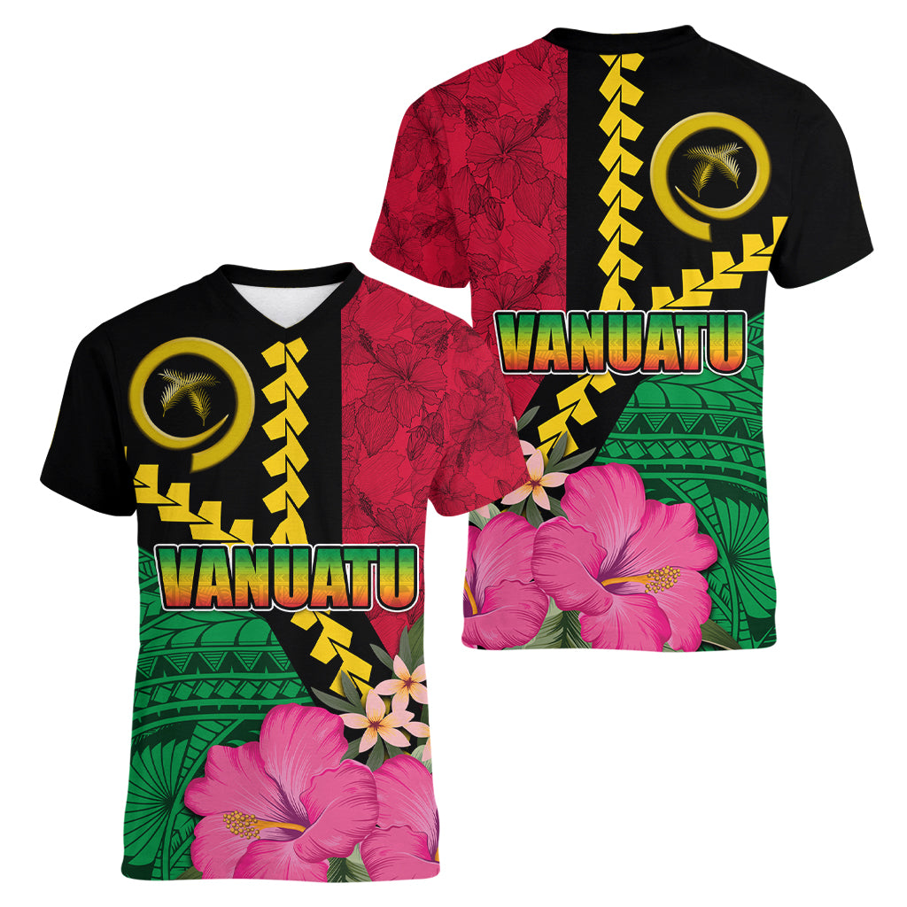 Vanuatu Flag Hibiscus Polynesian Pattern Women V-Neck T-Shirt
