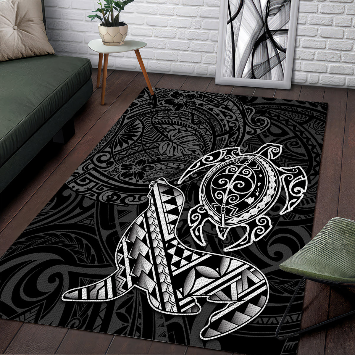 Hawaii Monk Seal and Dolphin Area Rug Polynesian Kakau Pattern Black White Color